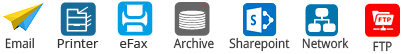 Distribution channels: Email, Printer, eFax, Archive, SharePoint, Network, FTP