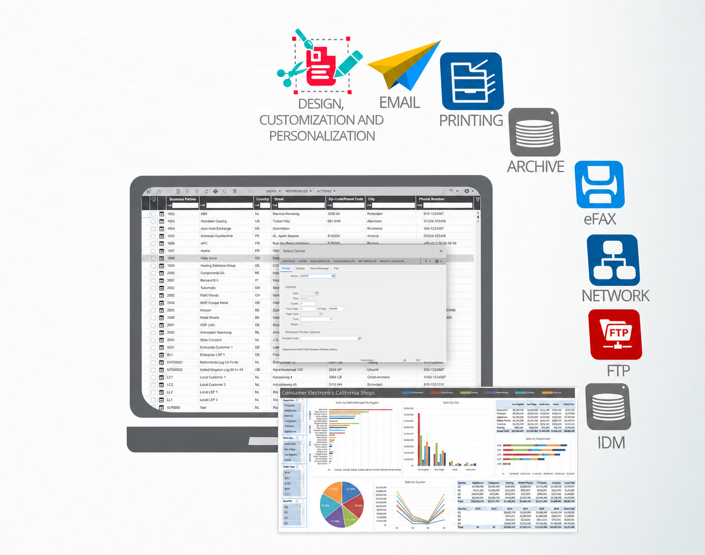 Report distribution channels: Excel, PDF, email, printing, archive, eFAX, network, FTP, IDM